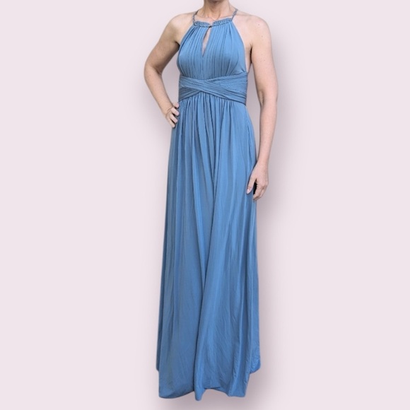 BCBGMaxAzria Blue High Neck Pleated Cross Back Maxi Dress Medium - Picture 1 of 13